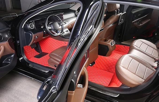 Custom Personalized Floor Mats for Cars，Luxury Full Coverage All Weather Car Floor Mats，Anti-Slip Leather Car Mat Set ，Custom Floor Mats for 99% of Cars, Trucks & SUVs (Black Red 1)