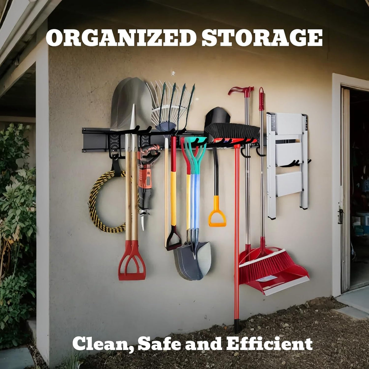 64" Heavy Duty Garage Storage Tool Organizer Wall Mount - Tool Rack with Adjustable Hooks, Anti-Rust, 300lbs Capacity - Easy Installation (4 Racks, 10 Hooks, 3 Straps)