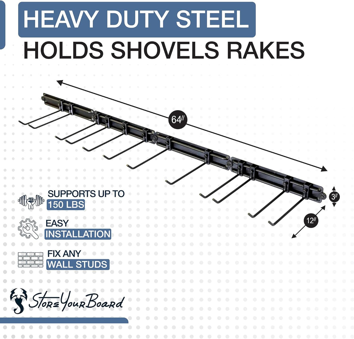 StoreYourBoard 64" Modular Garage Garden Tool Organizer Wall Mount – Heavy Duty Garden Tool Rack for Garage Organization and Storage, Wall Tool Organizer for Shovels, Rakes, Yard Tools, Holds 600 lbs