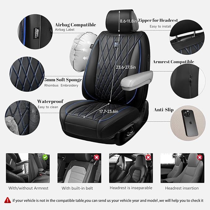 CAR PASS Luxury PU Leather Two Front Car Seat Covers, Waterproof Seat Covers Compatible with Front Seat Armrests, Airbag Compatible Anti- Slip Universal Fit for Cars Suvs Vans Trucks Black Blue