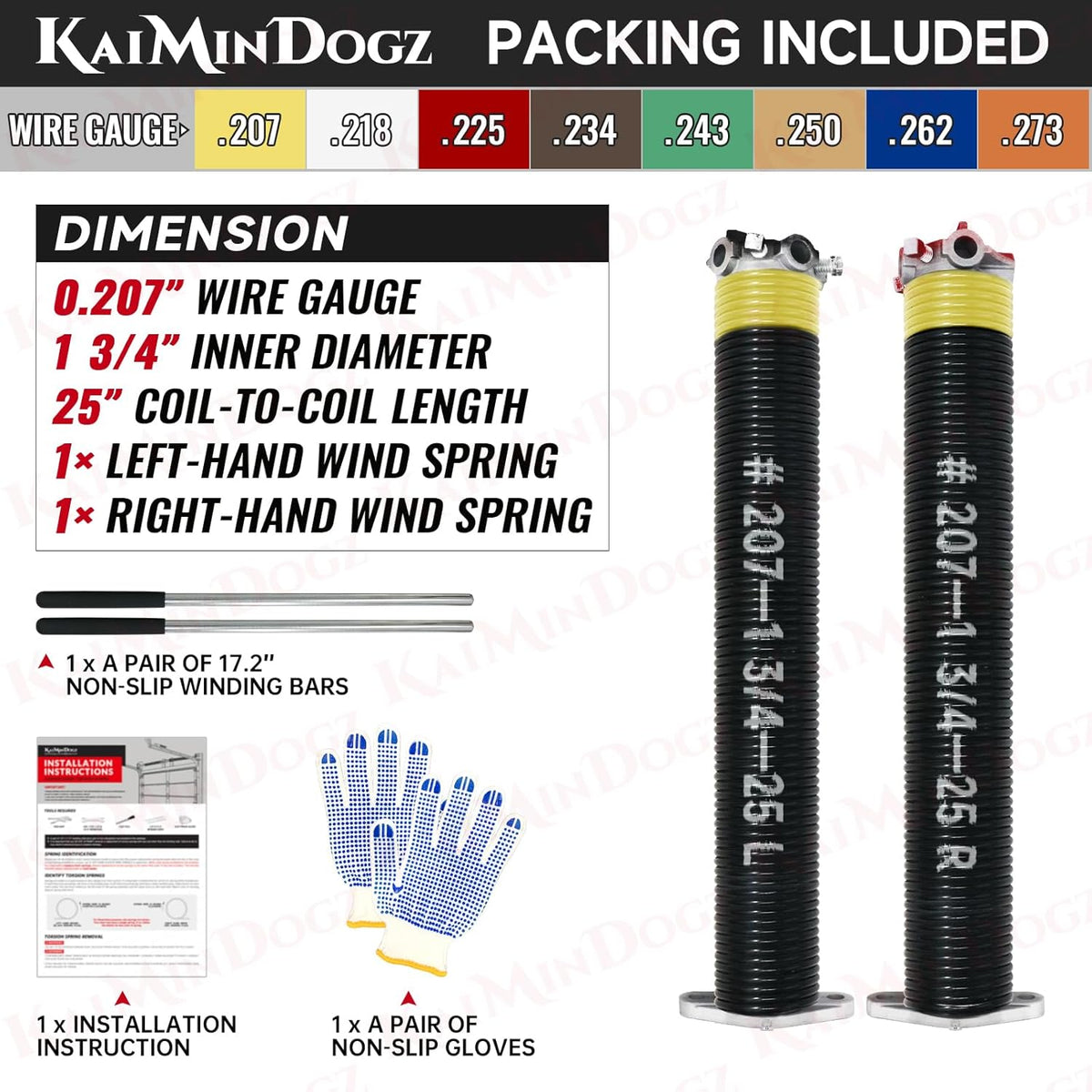 Pair of 1.75" Garage Door Torsion Springs Set with Non-Slip Winding Bars&Gloves, High Precision Electrophoresis Oil-Free Black Coated for Replacement, MIN 16,000 Cycles (0.207 x 1.75"x 25")