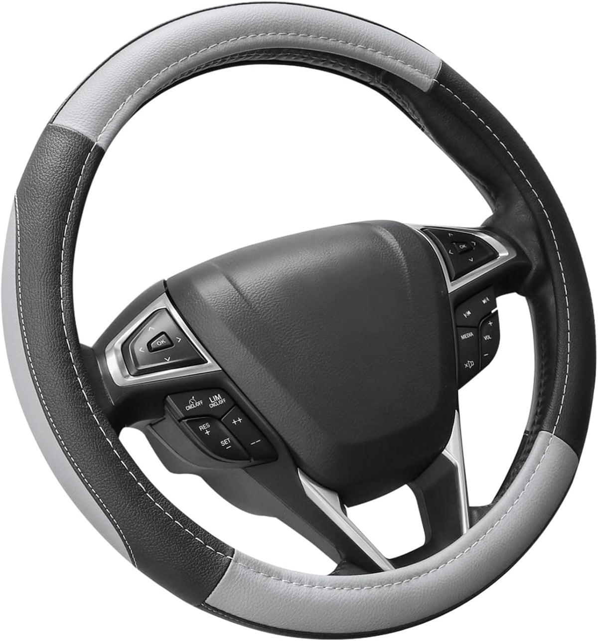 SEG Direct Car Steering Wheel Cover for F-150 Tundra Range Rover 15.5-16 inch, Black and Gray Microfiber Leather