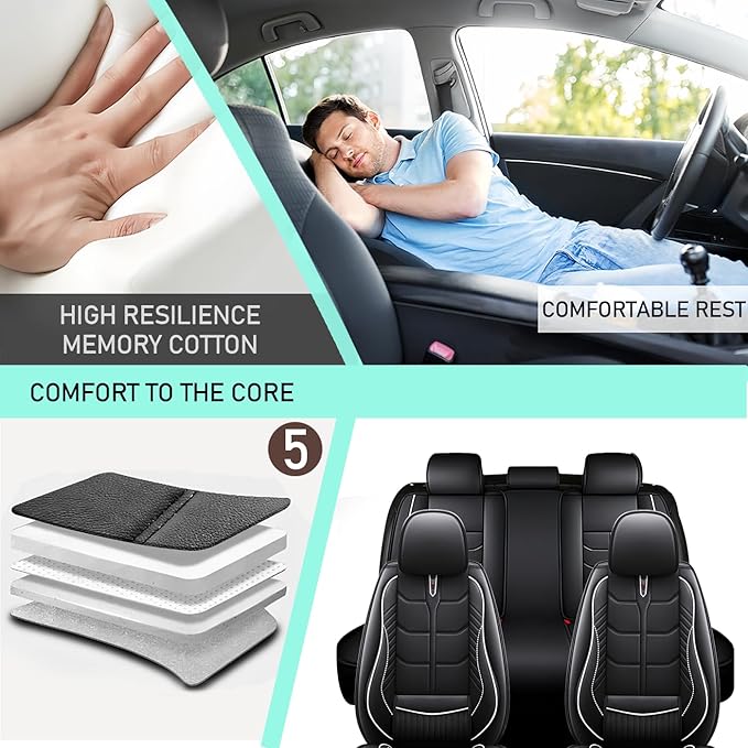 Leather Car Seat Covers Fit for Toyota Tacoma 2005-2024, 5 Seater Car Seat Cover, Premium Waterproof, Scratch Resistant Car Interior Accessories (Full Set Black White)