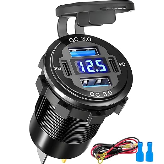 12 Volt USB Charger, 12v USB 4-Port Aluminum Alloy USB C Outlet with LED Voltmeter,Dual PD3.0 & QC3.0 for 12/24V Car Golf Cart Boat Marine Bus Truck RV Marine Motorcycle etc (Pack of one)
