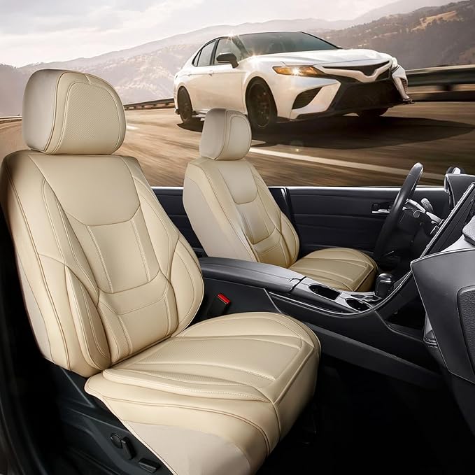 Coverland Custom Fit Car Seat Covers for Car Compatible with [Acura TL, BMW 5-Series, Kia Amanti] Premium Water Resistant Leather Non-Slip Interior Protector [Front Beige - Size Chart A14]