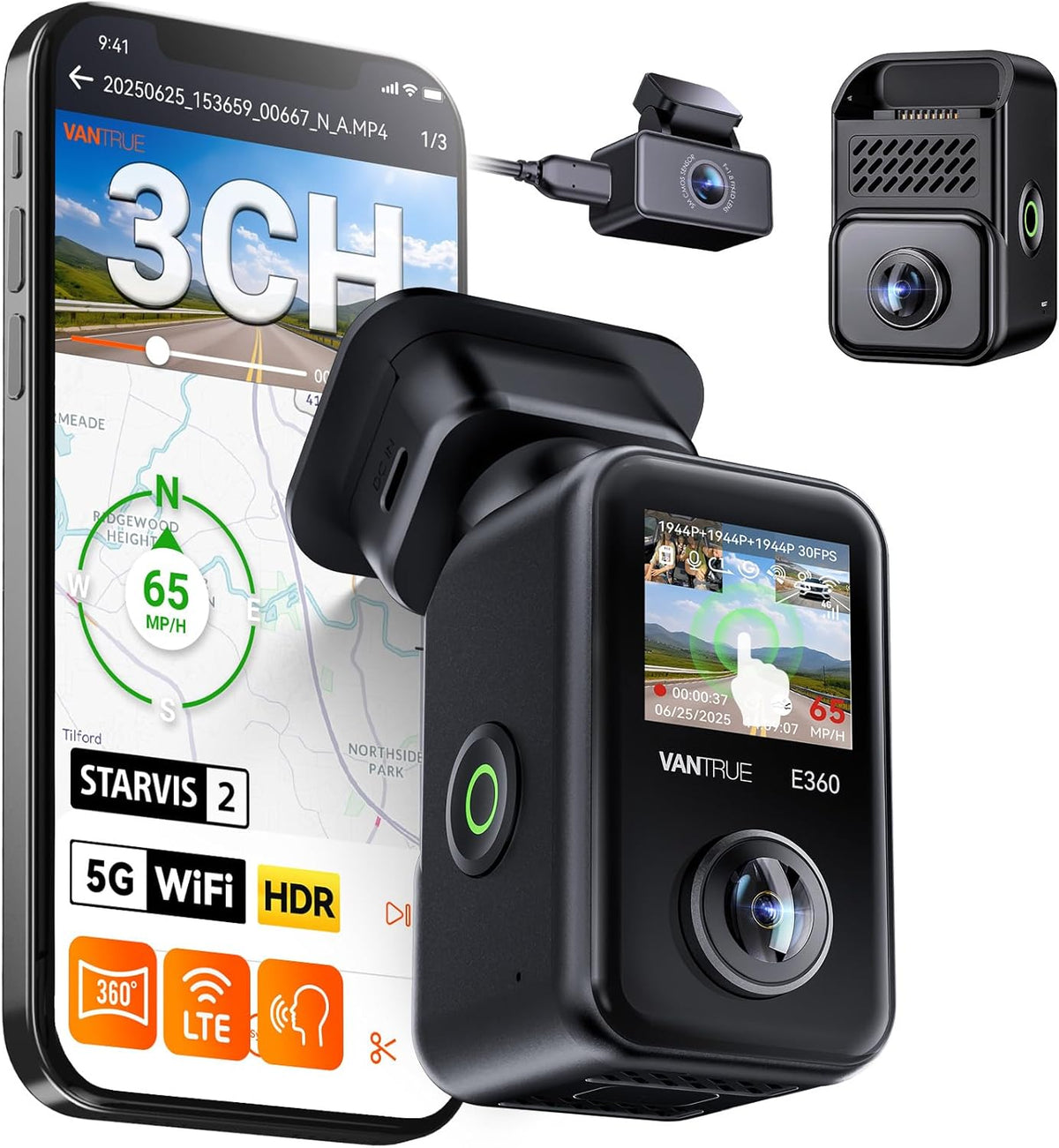 Vantrue E360 Plus 3 Channel 360 Degree WiFi Dash Cam, Dual STARVIS 2, Triple1944P Front Rear and Inside Dashcam, HDR IR Night Vision, GPS, Touchscreen, 24/7 Parking Mode, LTE Support, Support 1TB Max