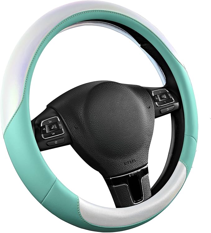 Road Comforts Steering Wheel Cover – Breathable Leather Steering Wheel Cover, Anti-Slip Grip, Universal Fit 14.5” to 15”, Heat & Cold Resistant for Cars, SUVs, and Trucks –Shining White & Mint