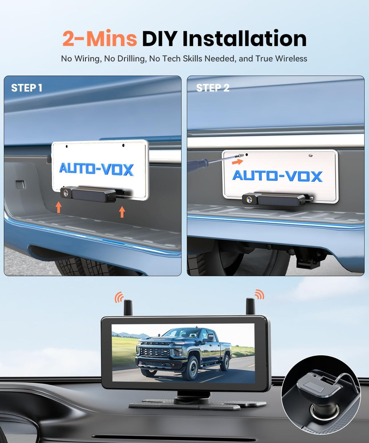 AUTO-VOX 2 Solar Wireless Backup Camera System with Two Cameras (License Plate & Portable): 7.2” 1080P HD Dual Channel Monitor, IP69K Waterproof Back up Camera for Truck,RV,Camper,Horse/Boat Trailer