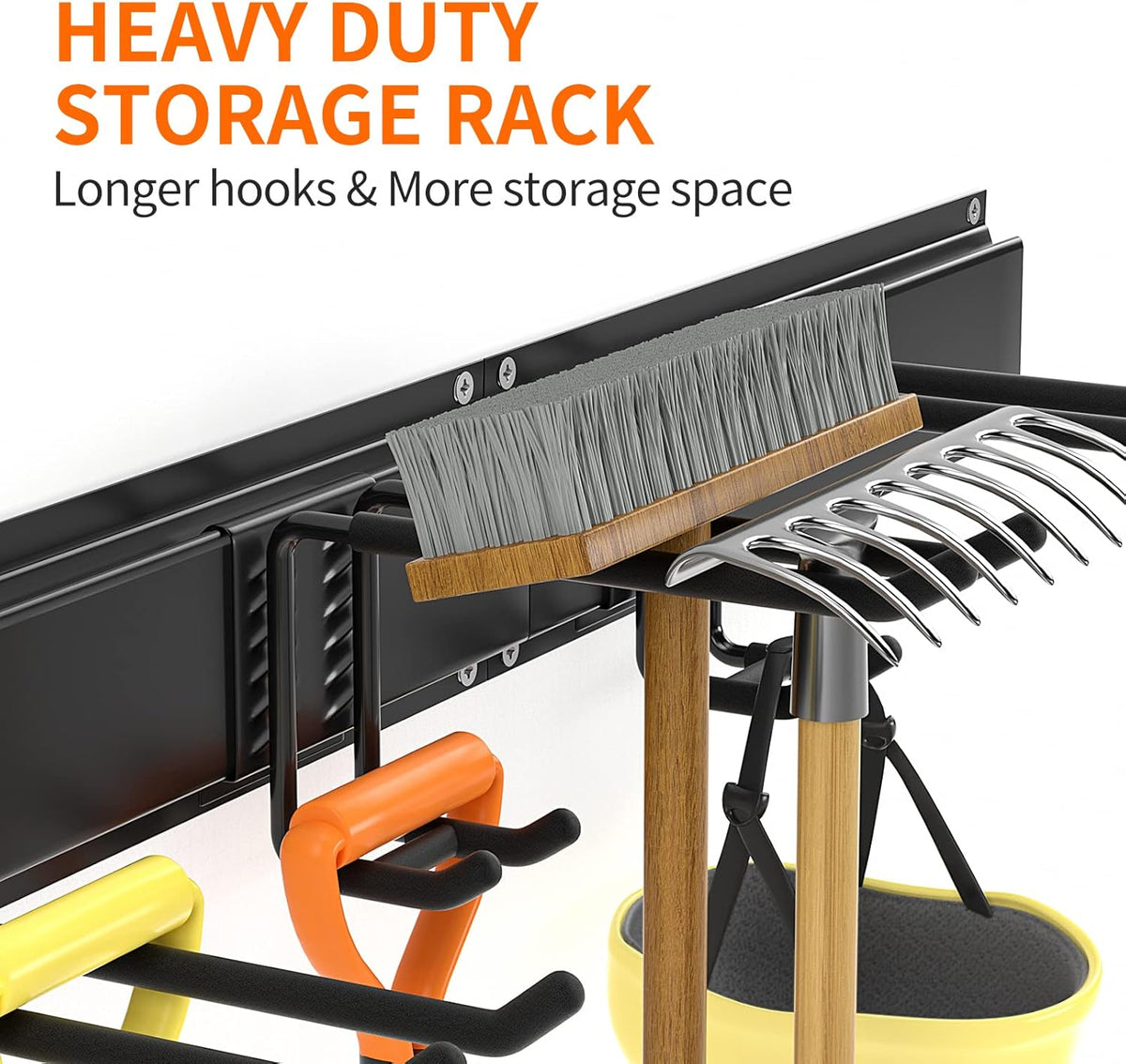Garage Tool Organizer Wall Mount, Yard Garden Tool Organizer, Adjustable Tool Storage Rack with 4 Heavy Duty Steel Hooks, Max Load 200lbs Garage Organization, Black