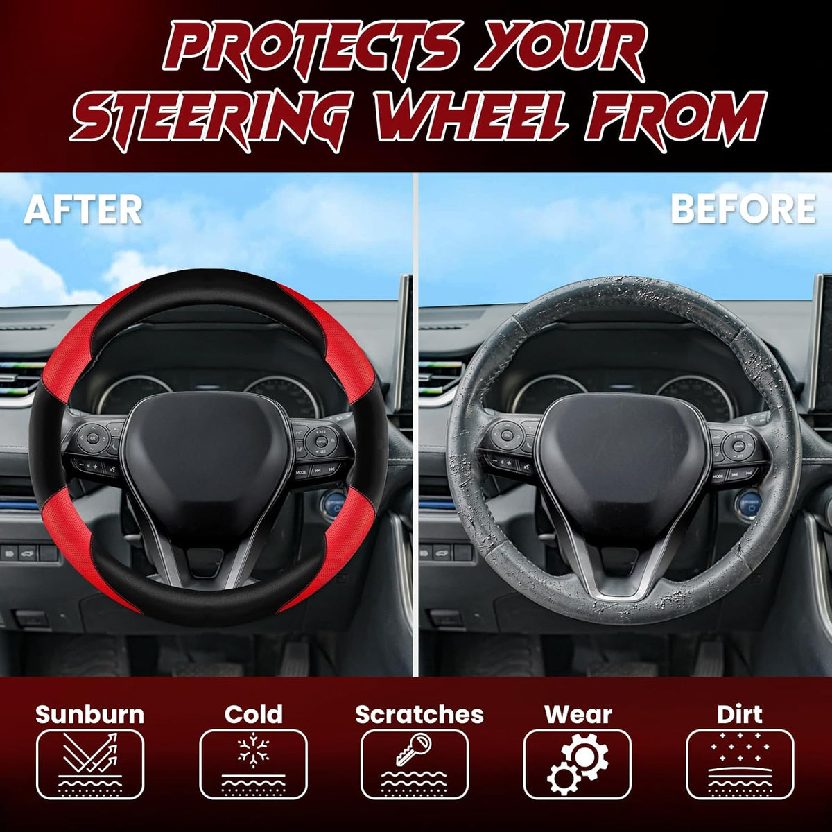 Breathable Soft Leather Steering Wheel Cover with Anti-Slip Grip, fits 14.2 to 14.96 inch Round Wheels and Compatible with Tesla, Toyota, Honda, Nissan Models（Sedans and SUVs）