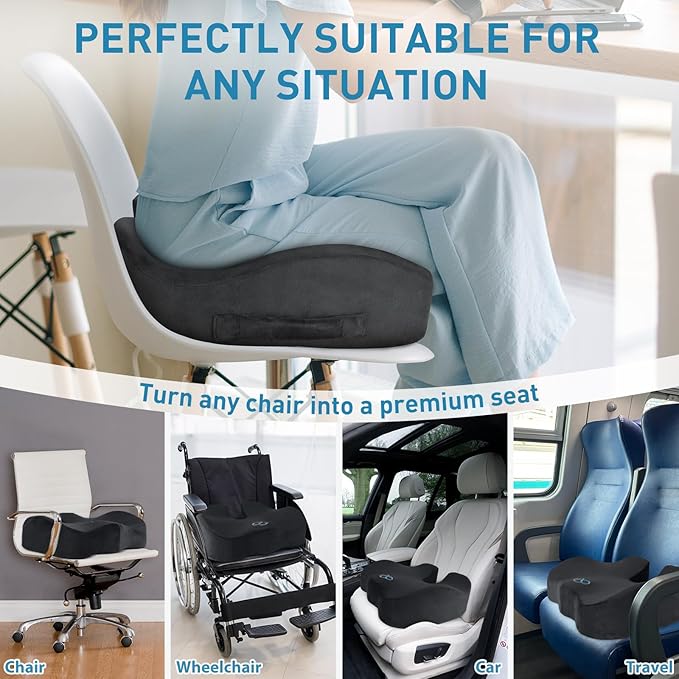 BlissTrends Seat Cushion,5.2in Thick Memory Foam Cushions for Office Chair, Car Seat, Airplane, Relieving Pressure Tailbone Sciatica Back Pain for Long Sitting Office Workers, Car Drivers Grey