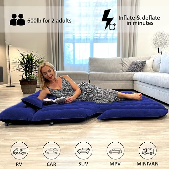 Umbrauto SUV Camping Air Mattress: Inflatable Car Bed for Back Trunk Sleeping with Air Pump, Flocking Surface, Heavy-Duty 210T Bottom, Includes Pillows, Repair Kit, Storage Bag & 3-in-1 Nozzles