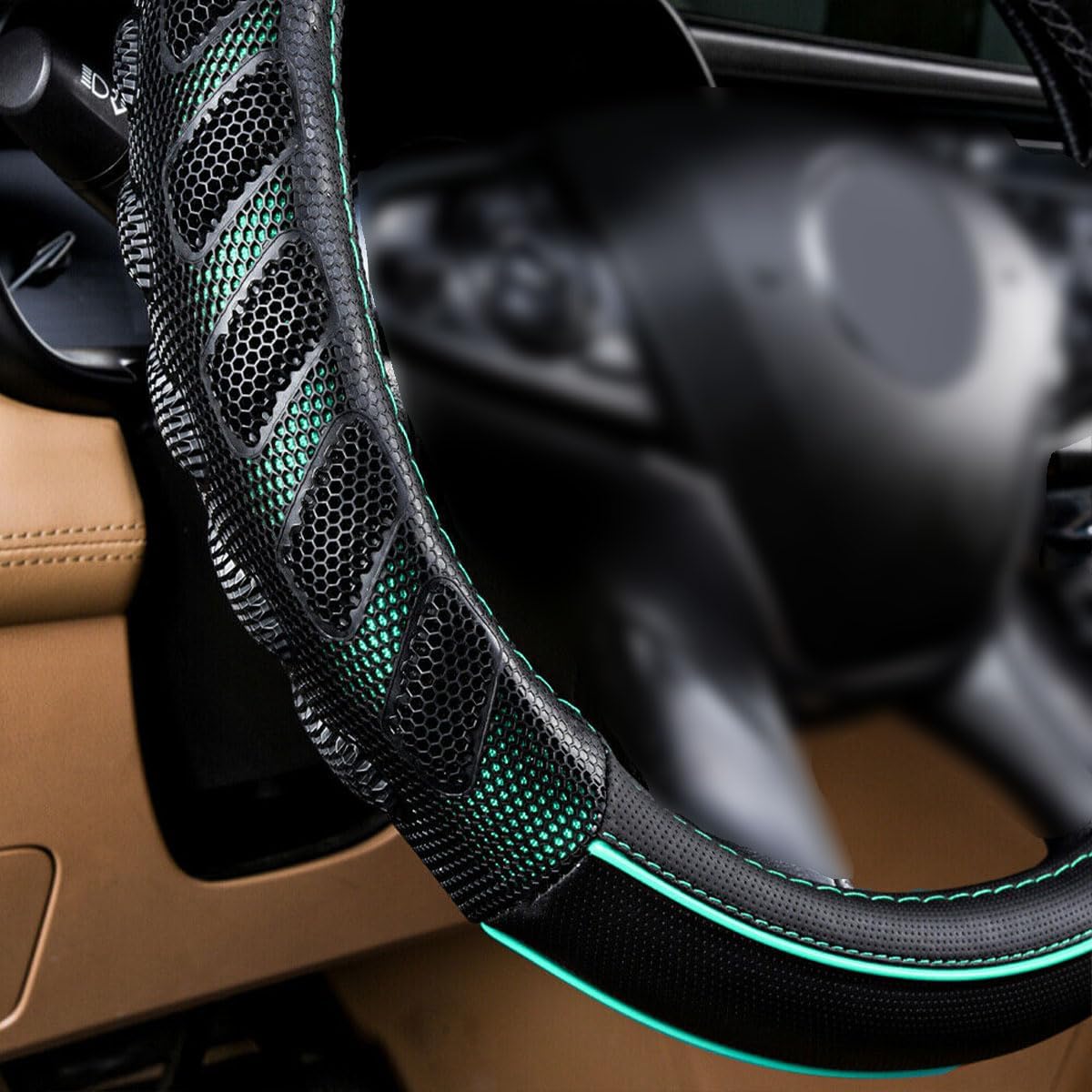 Flying Banner car Steering Wheel Cover Faux Leather Massage Universal fit 3D Honeycomb Hole Anti-Slip Sporty 15 Inches (Mint Green Black)