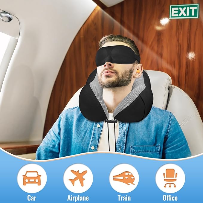 CloudBliss Travel Pillow Premium Memory Foam, Comfortable & Supportive Neck Pillow, Neck Pillows for Sleeping Travel, Airplane Pillow for Sleeping Airplane, Car, Office and Home（Black & Black）