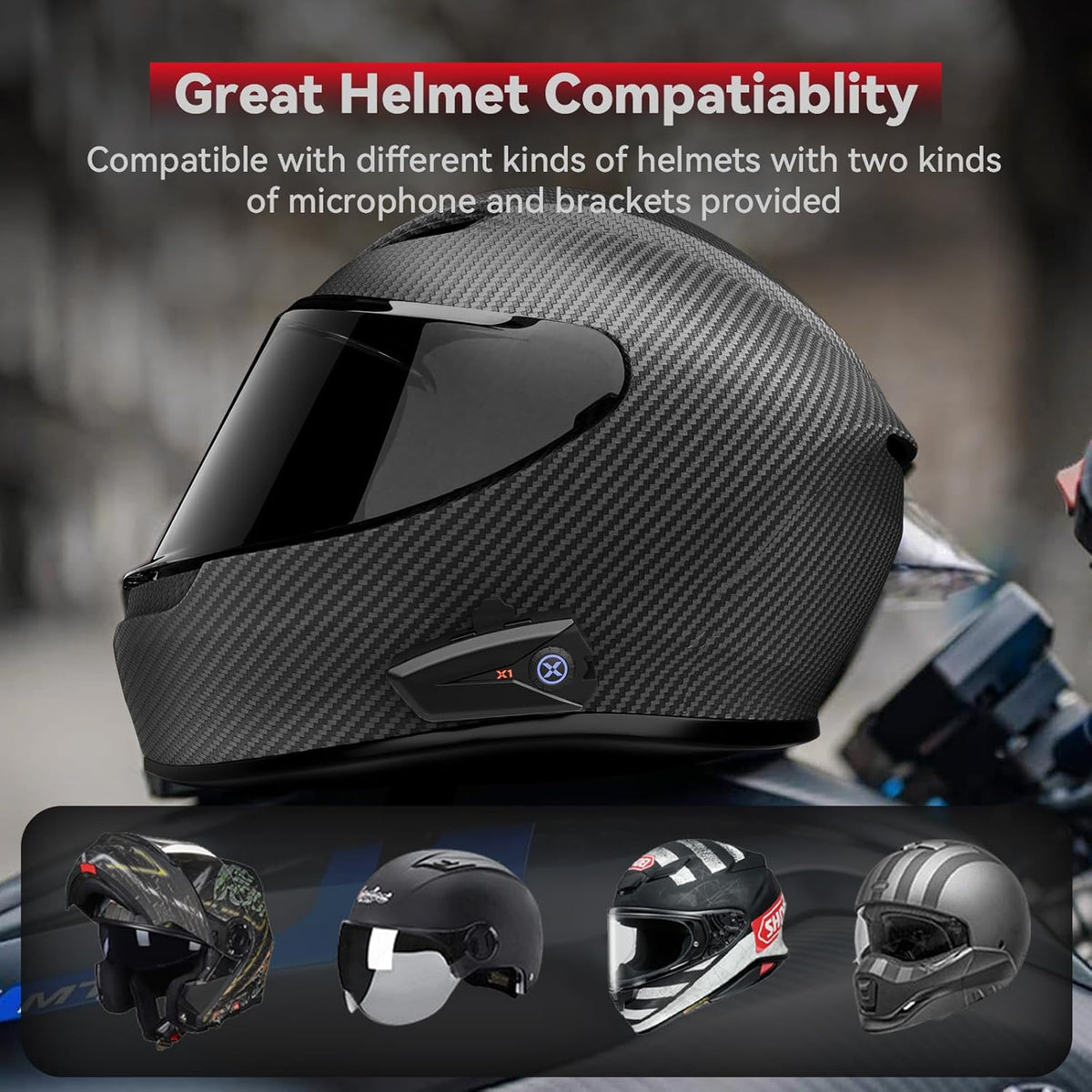 X1 Motorcycle Helmet Bluetooth Headphones V5.3 with Voice Assitant, 40mm Helmet Speakers with IP67 Waterproof, Motorcycle Bluetooth Headset 60 Hours Playing Time for Ski/Solo Rider
