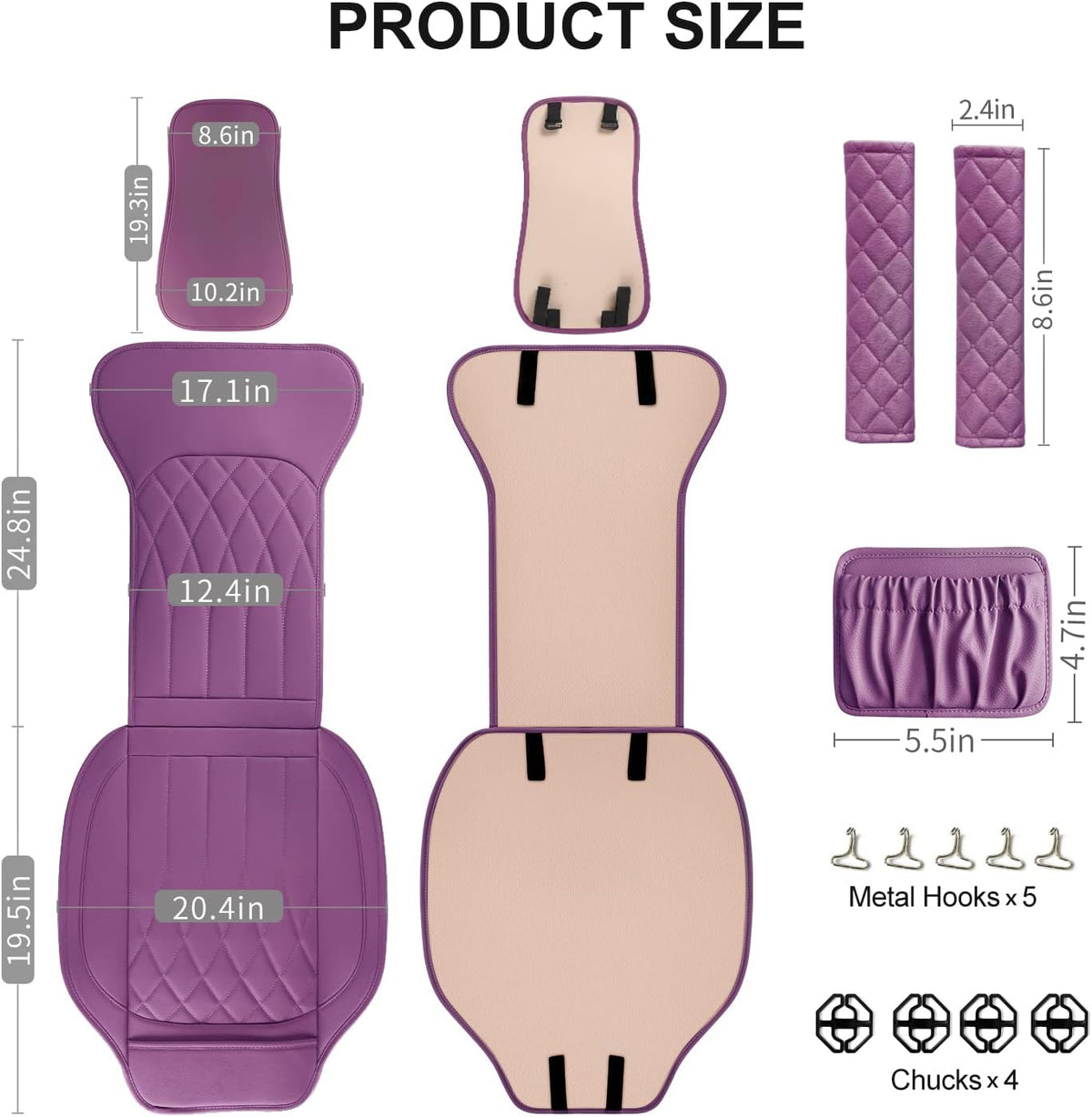 2 Pack Leather Front Car Seat Covers, Universal Sideless Car Seat Protectors with Storage Pocket and Seat Belt Pads, Waterproof Automotive Seat Cover for Cars Trucks SUV(Purple)