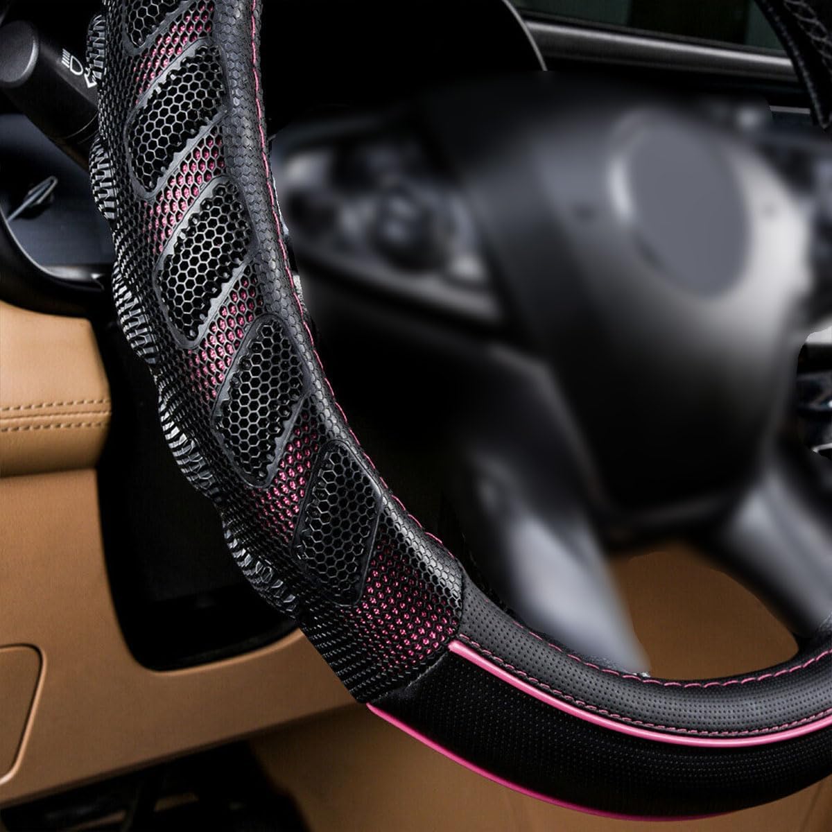 Flying Banner car Steering Wheel Cover Faux Leather Massage Universal fit 3D Honeycomb Hole Anti-Slip Sporty 15 Inches (Pink Black)