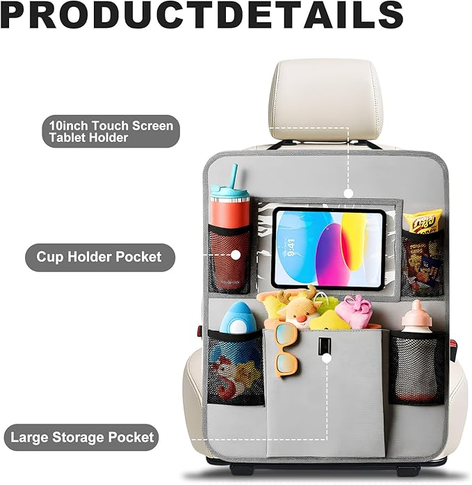 Car Backseat Organizer with Tablet Holder, 6 Storage Pockets Seat Back Protectors Kick Mats for Kids, Car Seat Protector for Road Trips 2 Pack (Grey)