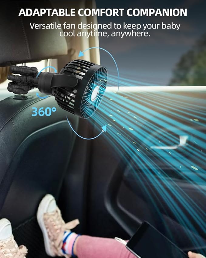 Portable Stroller Mini Fan, Small Rechargeable Personal Fan, Baby Travel Essentials for Wagon, Car Seat, Treadmill, Battery Powered Biking Gear Accessories, 360° Rotation, 3-Speed, Display, Black
