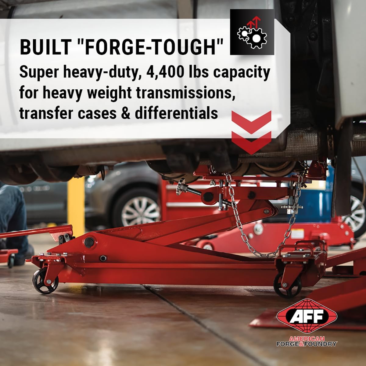 AFF Low Profile Manual Hydraulic Transmission Jack - Heavy Duty Steel Body, Adjustable Saddle with Safety Chain & 360 Handle - For Transmissions, Transfer Cases & Differentials (Multiple Capacities)