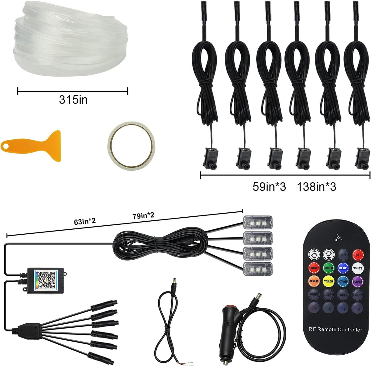 Car LED Lights Interior Light, 10 in 1 Car Ambient Lighting Kits with 315in Fiber Optic, APP Control, Car Accessories Multicolor RGB Neon Car LED Strip Lights with Music Sync Mode and DIY Mode