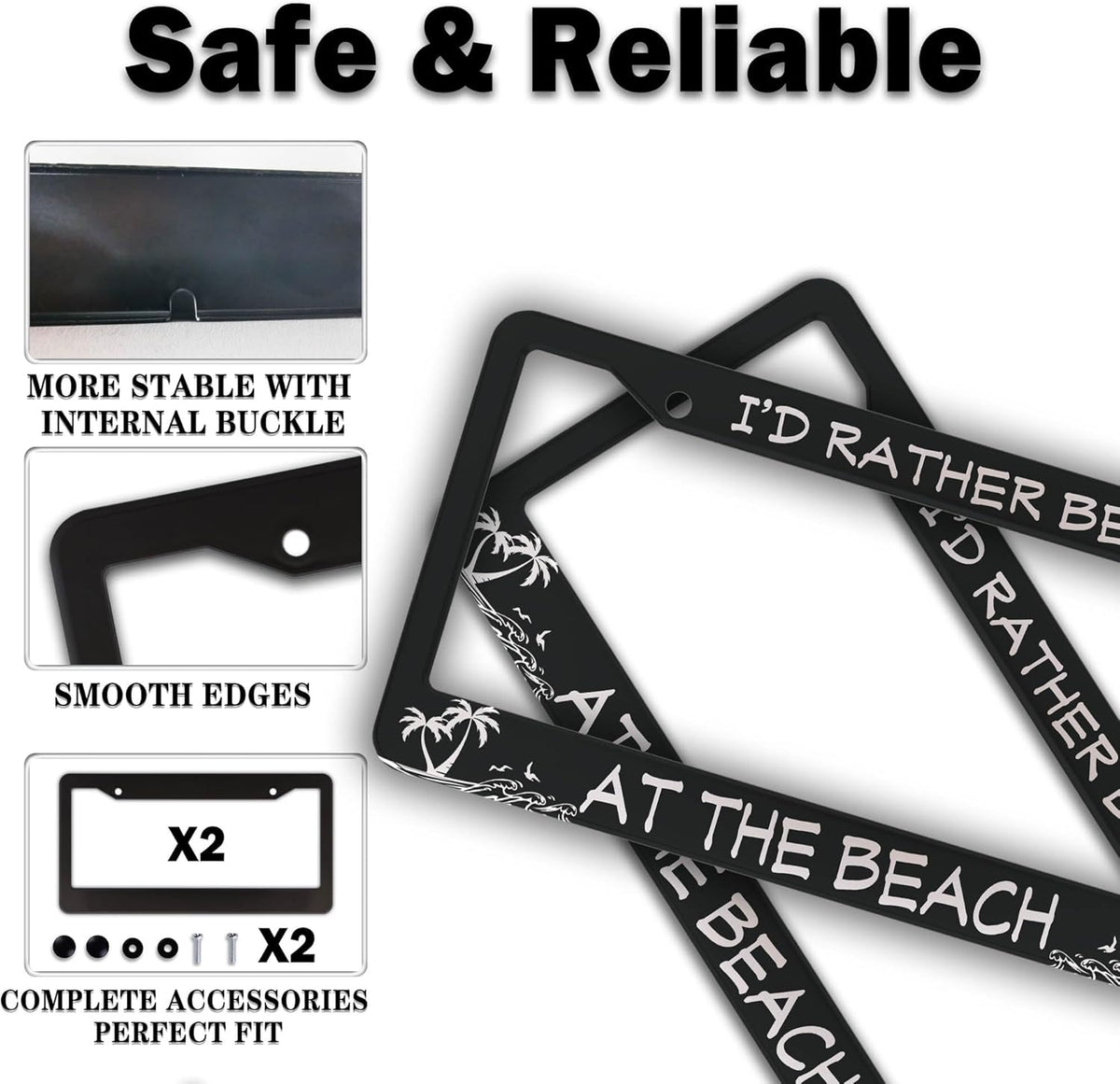 License Plate Frames Black and White License Plate Covers I'd Rather Be at The Beach Aluminum Metal Car Accessory 2 Pack with Screw Covers Set