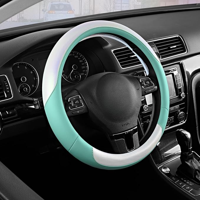 Road Comforts Steering Wheel Cover – Breathable Leather Steering Wheel Cover, Anti-Slip Grip, Universal Fit 14.5” to 15”, Heat & Cold Resistant for Cars, SUVs, and Trucks –Shining White & Mint
