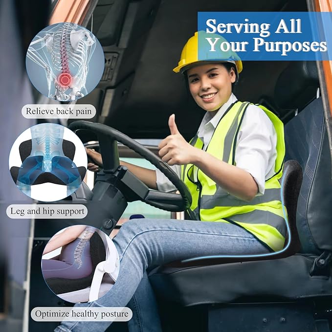 Ergonomic Seat Cushion with Adjustable Strap, Memory Foam Office Chair Seat Cushion with L-Shaped Design, Car Seat Cushion Fits for Truck Driver Semi Truck, Gaming Chair, Desk, Dark Gray