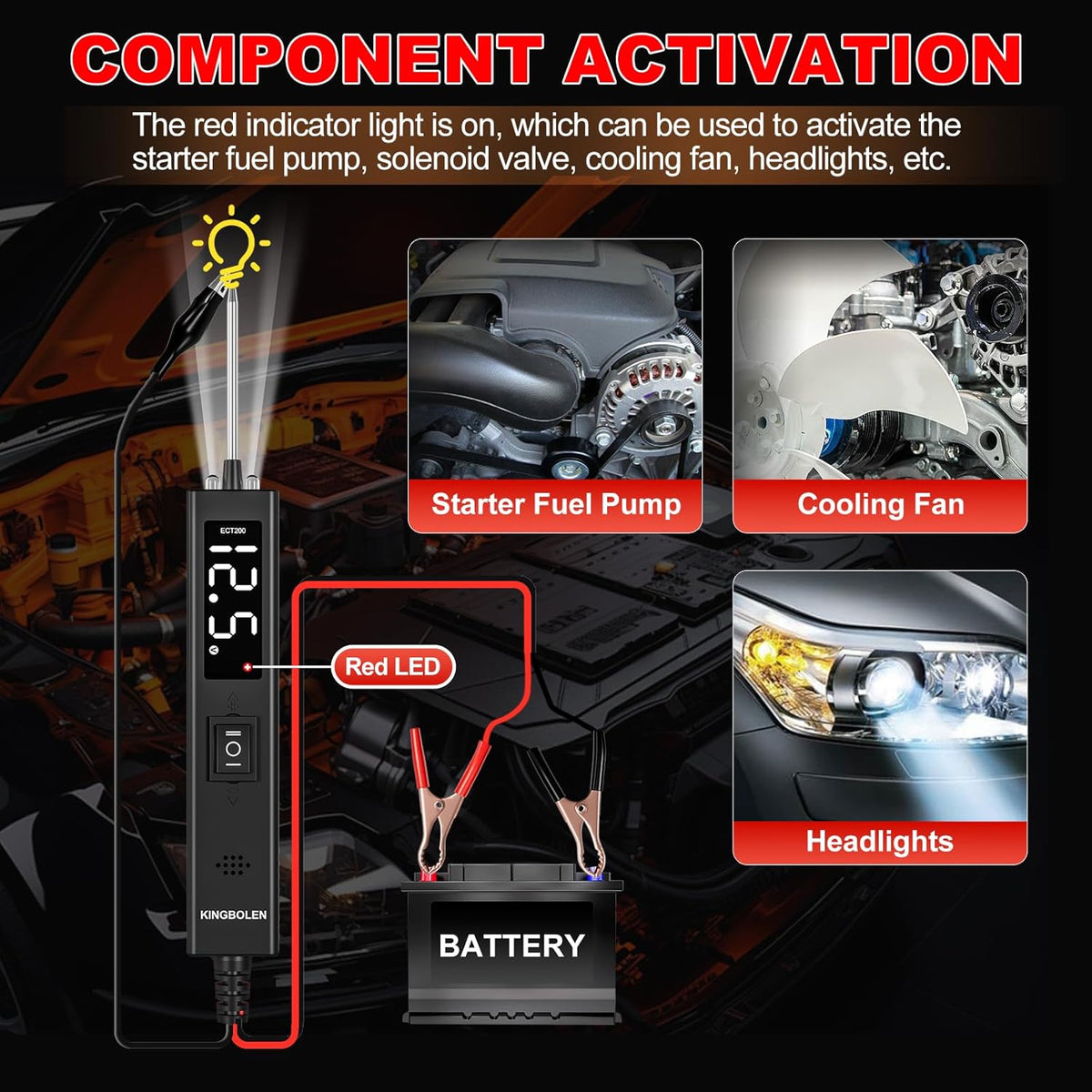 KINGBOLEN ECT200 Automotive Electrical Circuit Tester, 12V 24V Car Voltage Test Power Probe Tester, Component Activation, Continuity Test, Trailer Light Tester, Short Circuit Finder, 16.5FT Cable