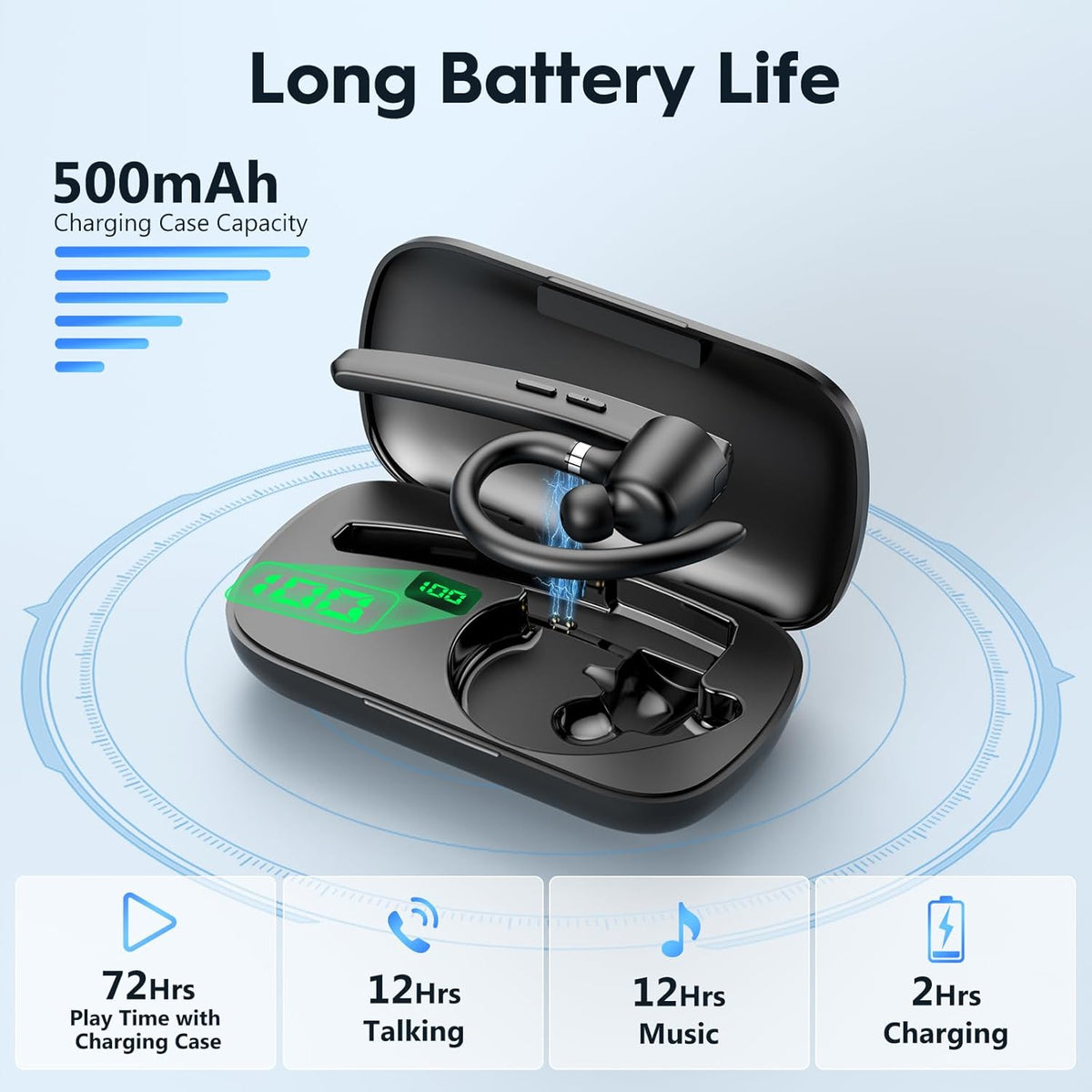 New bee Bluetooth Headset, 72H Talktime Wireless Bluetooth Earpiece for Cellphone with 500mah Charging Case V5.1 Dual Mic Noise Cancelling Hands-Free Earphones for Office Driver