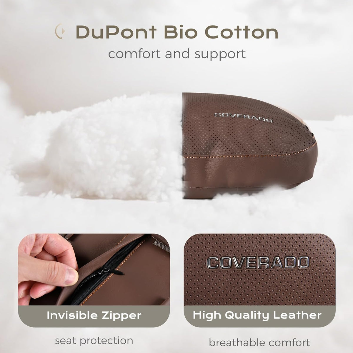 Coverado Leather Car Headrest Pillow Car Neck Pillow with Adjustable Strap, Head Support Rest Driver Relax Head Muscles Relieve Driving Fatigue, Breathable & Removable Cover, Coffee