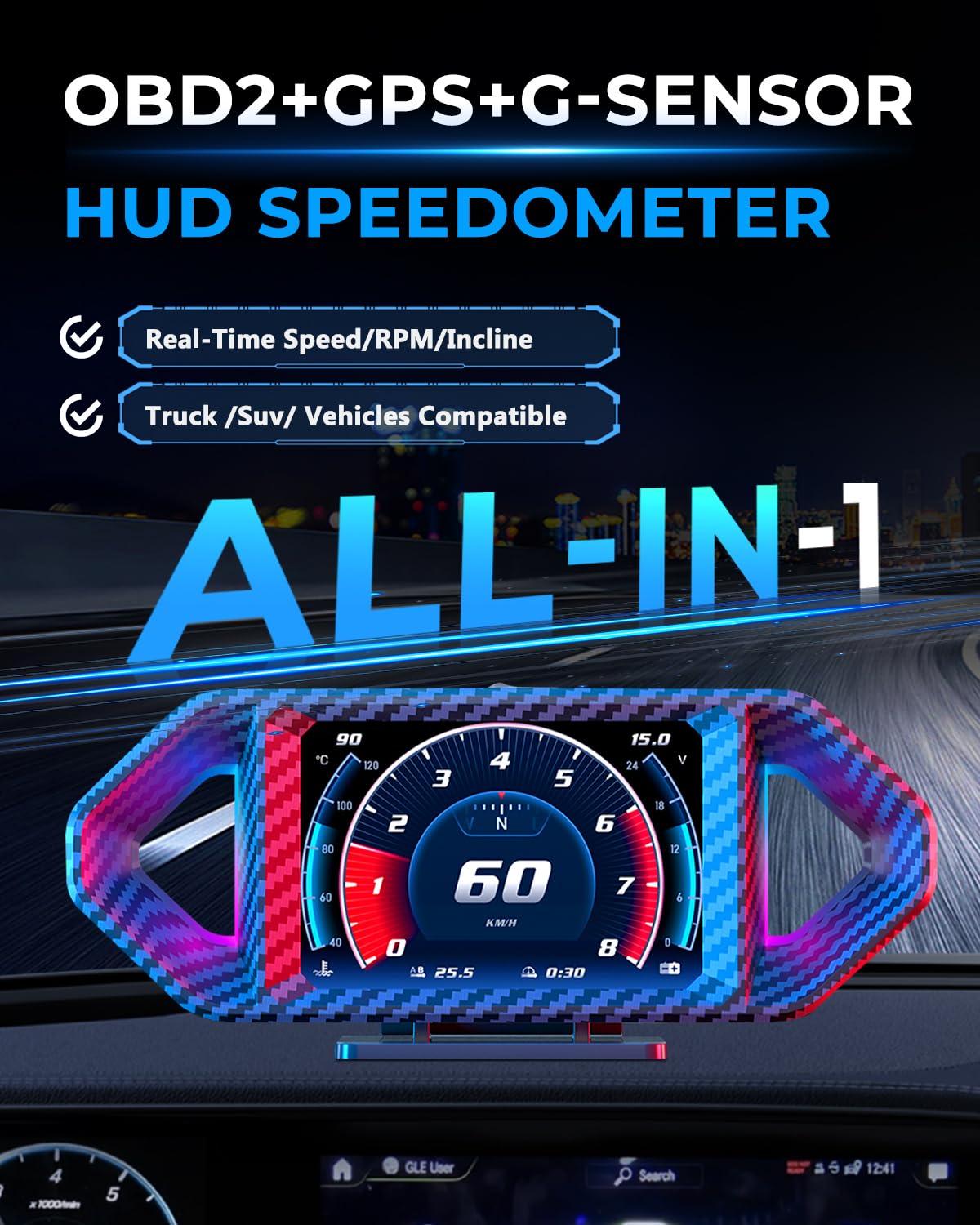 OBD2 HUD Head Up Display, Digital Speedometer Gauge for Car Truck SUV, Real-Time Speed/RPM/Fuel Economy Monitor, Plug & Play OBDII GPS HUD with RGB Light