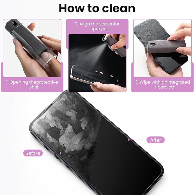 Screen Cleaner, Touch Screen Mist Cleaner, Cell Phone, Laptop and Tablet Screen, 3-in-1 Spray and Microfiber Cloth, Refillable with Water, Alcohol, Sanitizer (Pink -0.35oz)