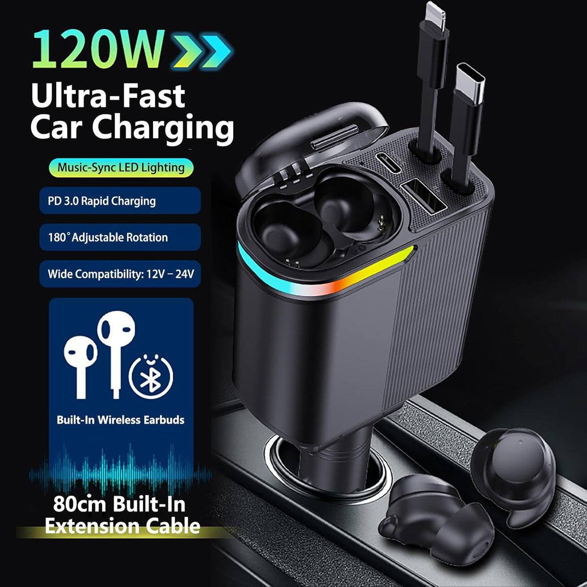 MLVOC 120W Fast Charging Car Charger with Earbuds, Retractable 4-in-1 USB-C & Lightning for iPhone & Android (Black)