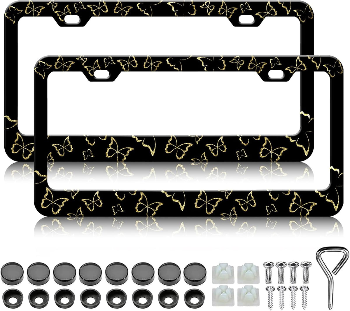 Golden Butterfly License Plate Frames - 2 Pack Beautiful Butterfly Stainless Steel License Plate Holder,Rust-Proof Waterproof Car Decorative Tag Frame with Screws Fasteners Caps
