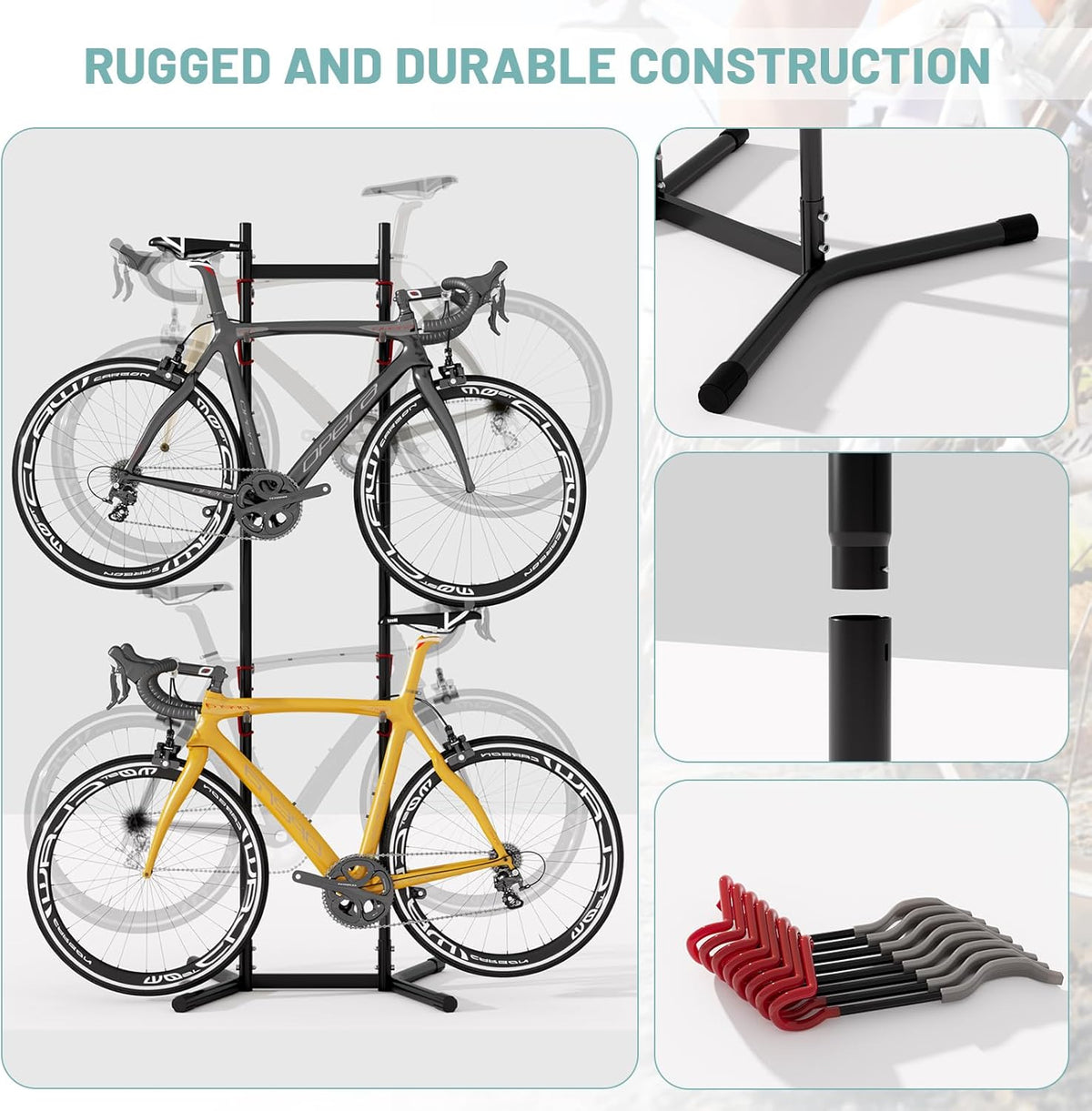 Urban Deco 2-4 Bike Storage Rack Garage Max154lbs, Freestanding Indoor Bike Rack with Adjustable Hooks, Vertical Bike Floor Stand for Road, Mountain and Hybrid Bike, Black
