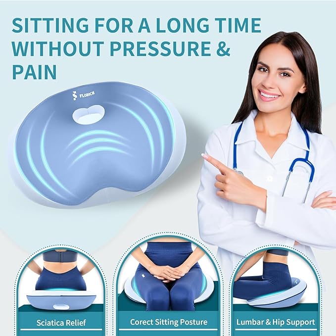 FLORICH Seat Cushion and Lumbar Support Pillow for Office Chair Car Neck Headrest Pillow 100% Memory Foam Seat Pads Pressure Relief Back Cushion and Carseat Pads(Blue)