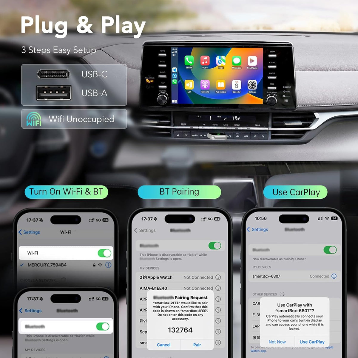 Wireless CarPlay Adapter 2025, Convert Wired to Wireless CarPlay Adaptor for Apple, Compatible with Cars with Factory Wired CarPlay for iPhone & Android with USB/USB-C Port (Light Grey)