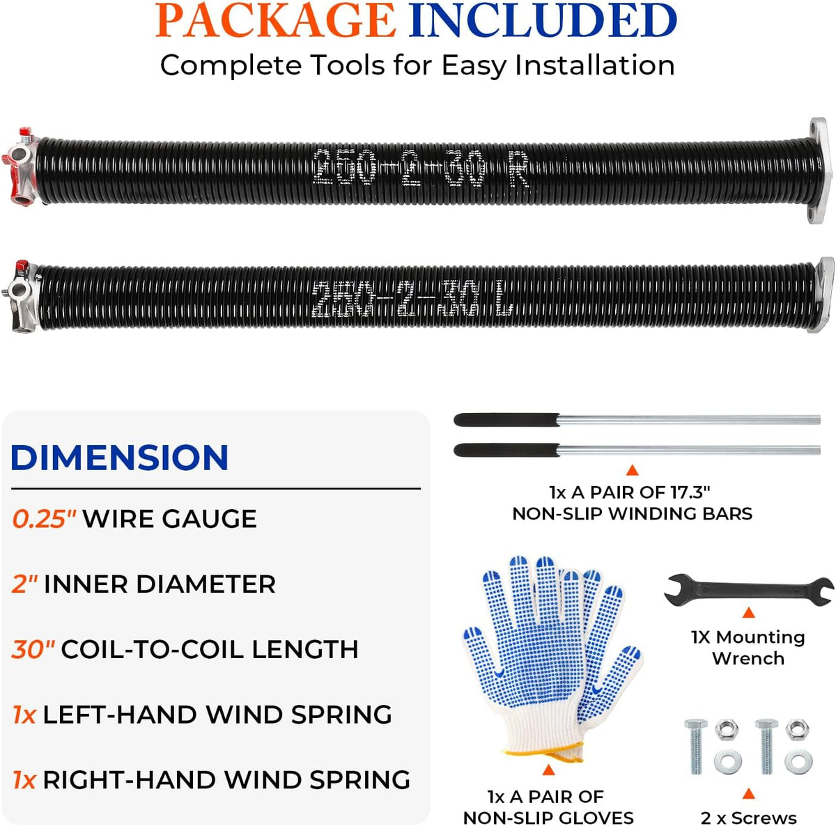 Pair of 2" Garage Door Torsion Springs (0.250'' X 2'' X 30'') with Non-Slip Winding Bars & Gloves, Heavy-Duty Replacement, 18,000 Cycles, High Precision Electrophoresis Black Coated