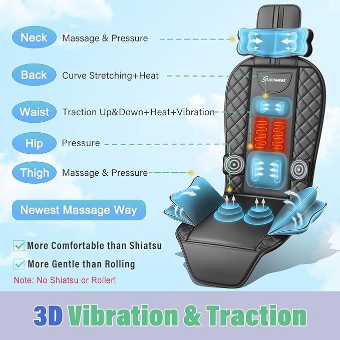 Back Massager with Heat & Traction & Vibration, Seat Massager Pad for Pain Relief Deep Tissue, Lumbar Traction, PU Leather, Foldable, for 5’ to 6’1”, Massage Chair Pad for Office Home