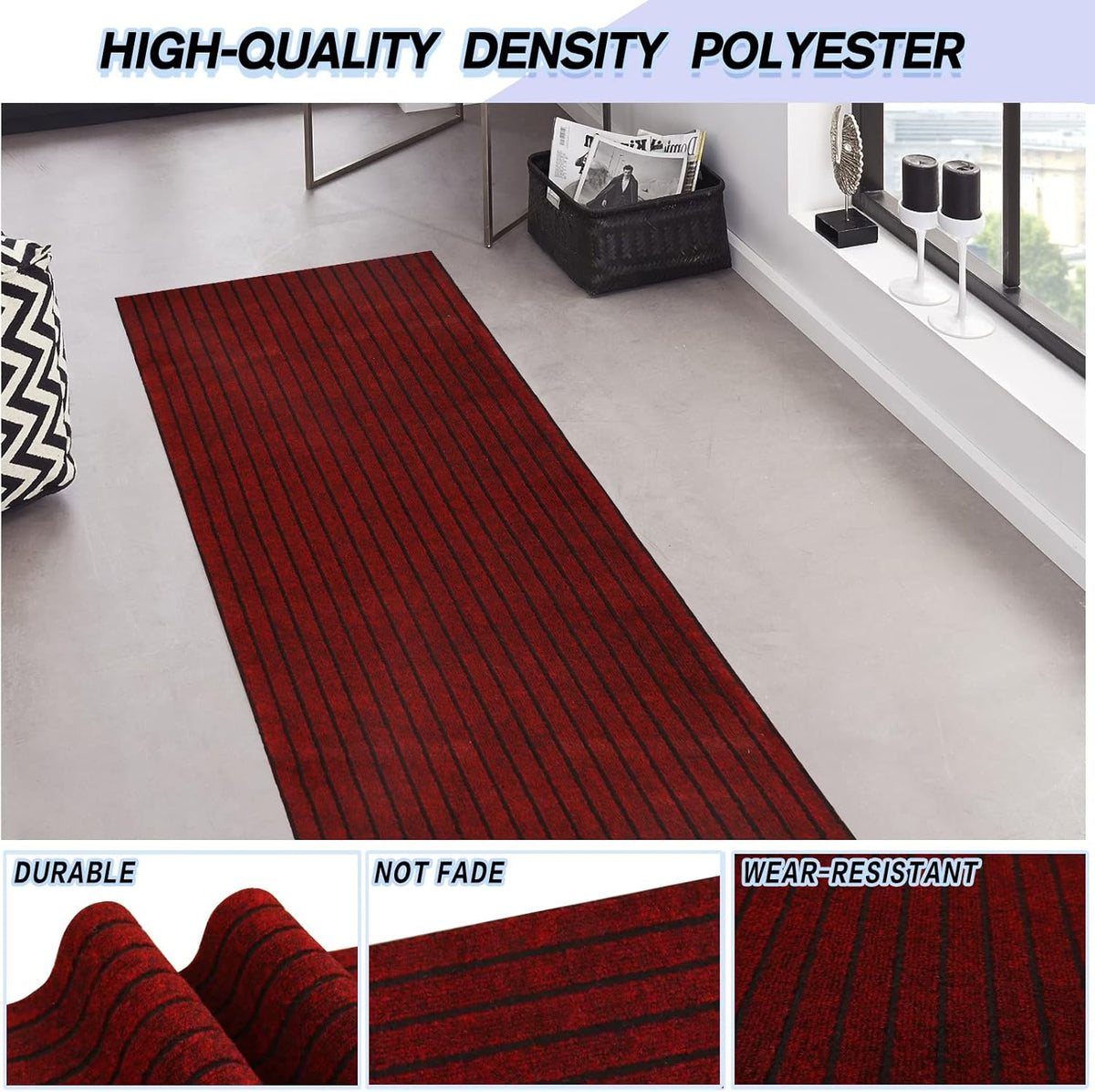 Custom Size Backed Non-Slip Area Rugs Runner, Easy Clean, Waterproof Runner Rugs for Hallway Entryway, Kitchen, Laundry, 2FT x 12FT, Red Stripe