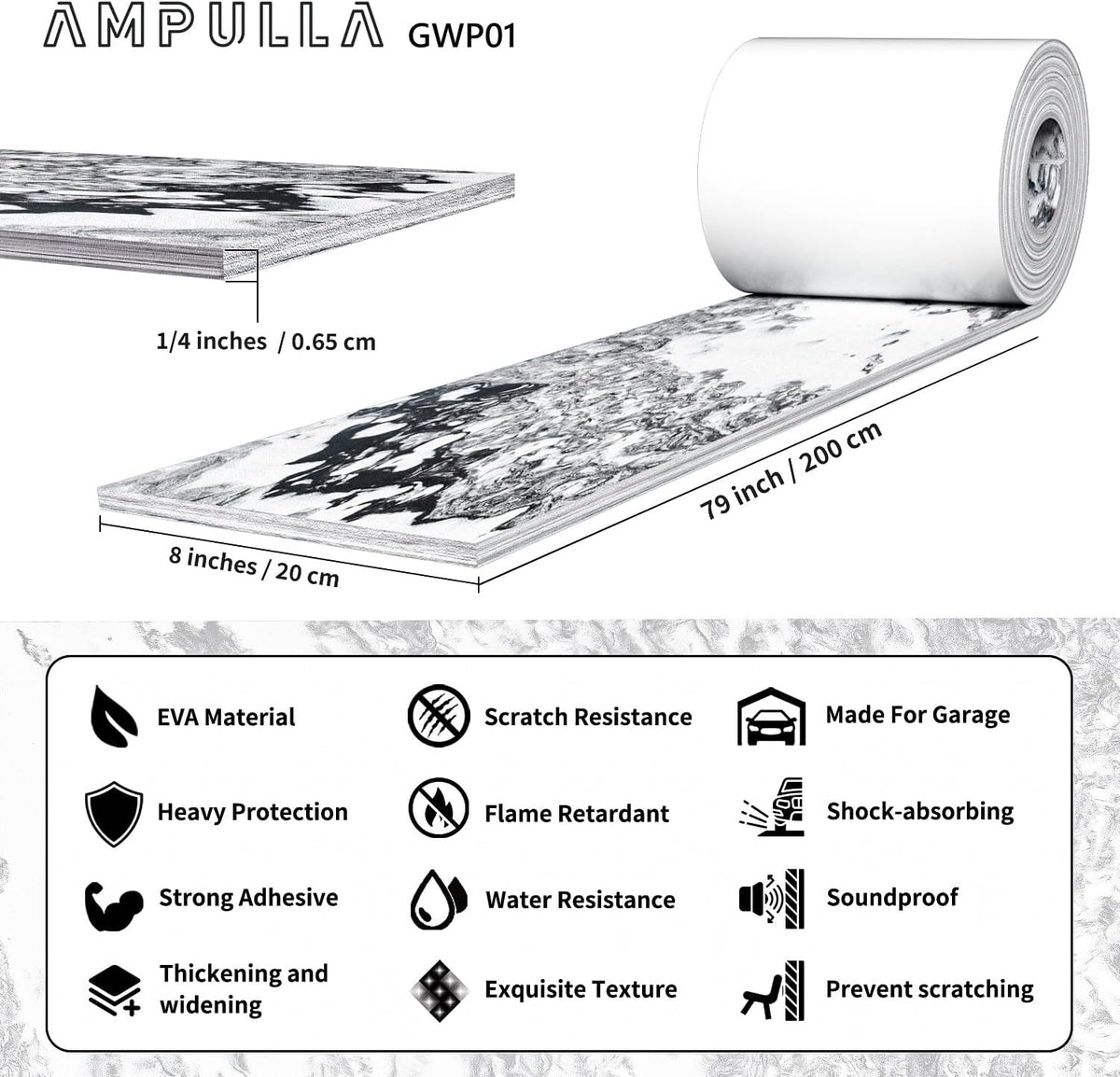 Ampulla GWP01 Marble Grain Garage Wall Protector Car Door Protectors, Garage Accessories, Parking Stopper for Garage, Tool-Free, Designed in Germany