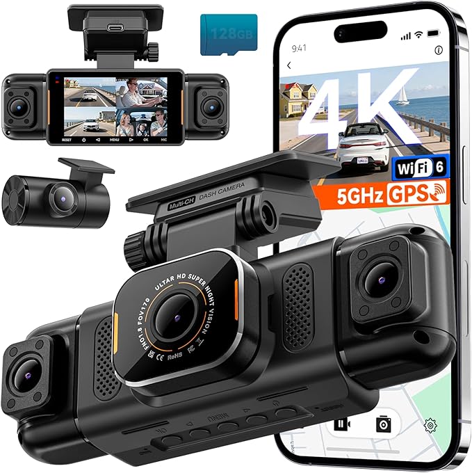 N5 PRO 4K 4 Channel Dash Cam, 360° All-Around View, 1080P Rear and Inside, 5G WiFi 6 - Up to 10MB/s, Built-in GPS, 8 IR Night Vision, G-Sensor, 24H Parking Mode, Free 128GB SD Card Included