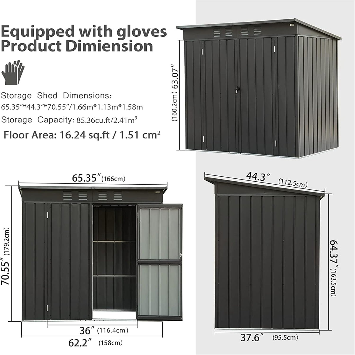 IKERY Compact Galvanized Steel Garden Shed 5' x 3' with Sloping Roof & Lock - Metal Utility Storage for Small Backyard, Balcony - Dark Gray