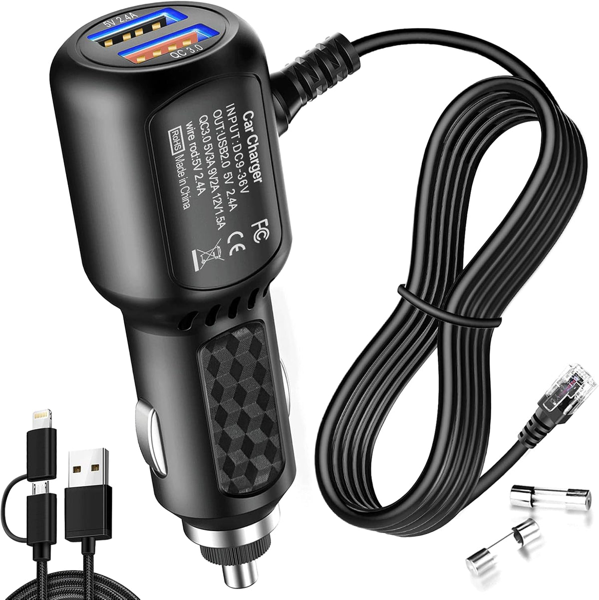 Radar Detector Power Cord,for Uniden Escort Valentine Beltronics Passport Cobr etc Radar Detector,with Dual USB QC3.0 Quick Charger（RJ11