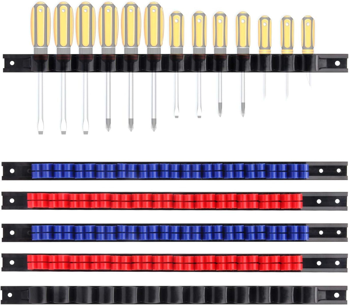 CASOMAN 6 Piece Screwdriver Organizer and Wrench Organizer, Hand Tool Holder, Plastic Rail Wrench Hanger with Clips