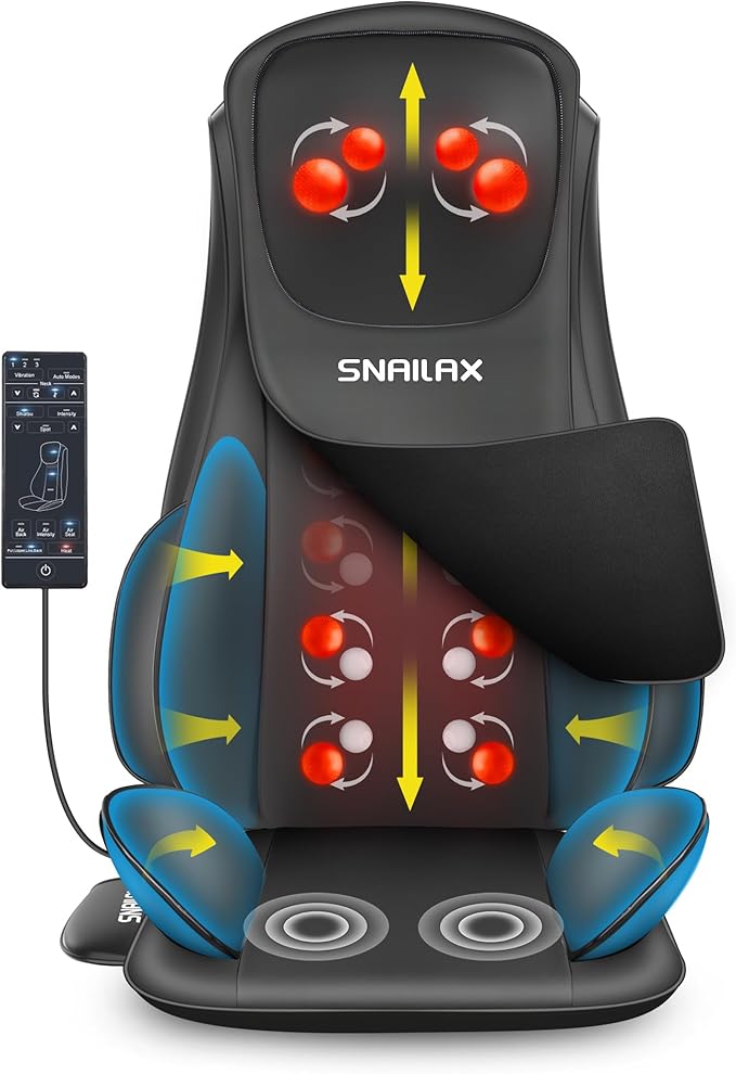 Snailax Shiatsu Neck Back Massager with Heat, Massage Chair Pad with Compression, Height-Adjustable Neck Massage Rollers Chair Seat Massager, Gifts for Men, Women