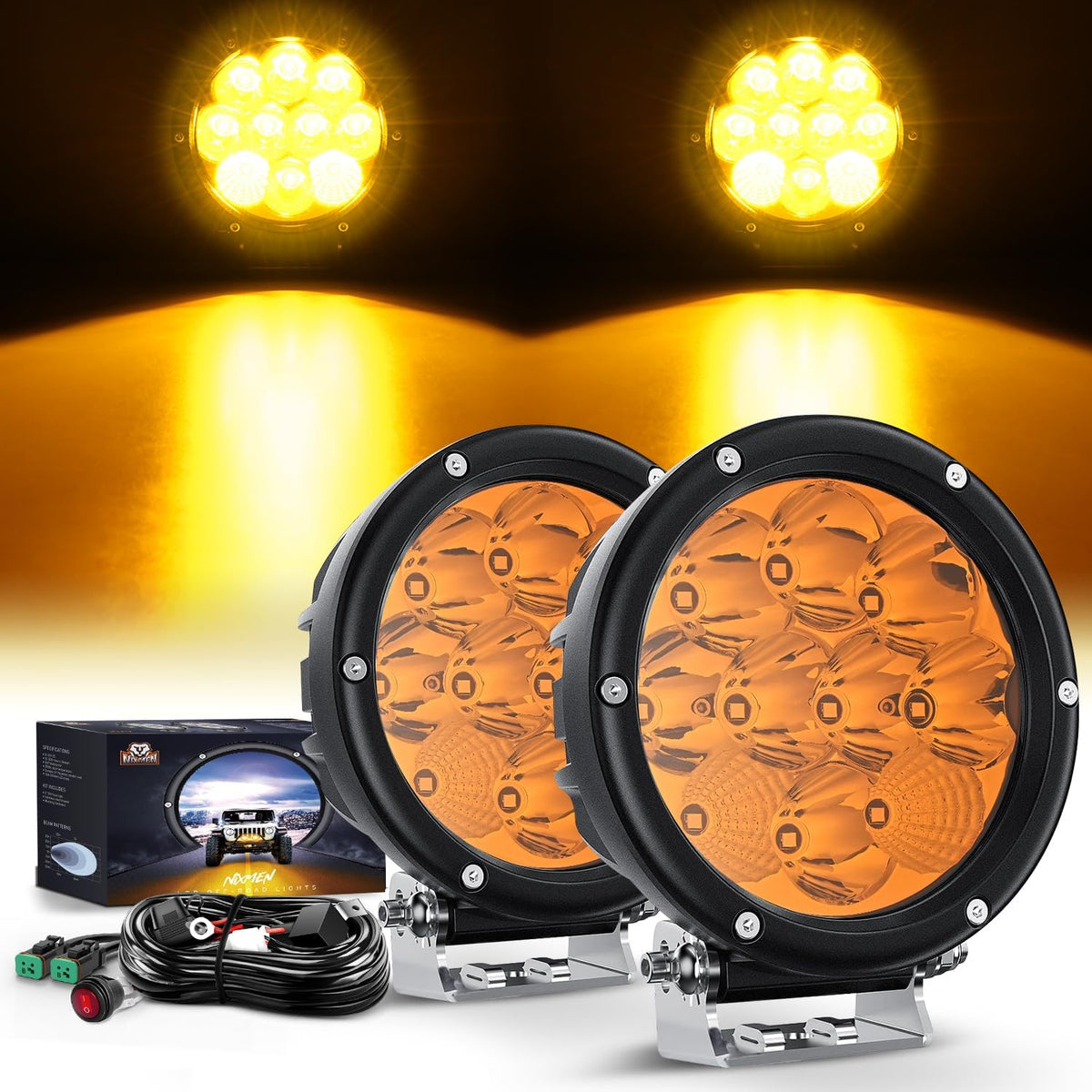 Nilight 5.7 Inch Amber LED Driving Light Round 50W Yellow Fog Spot Flood Combo Lights w/ 16AWG DT Connector Wiring Harness IP68 for Offroad ATV UTV Truck Tractor