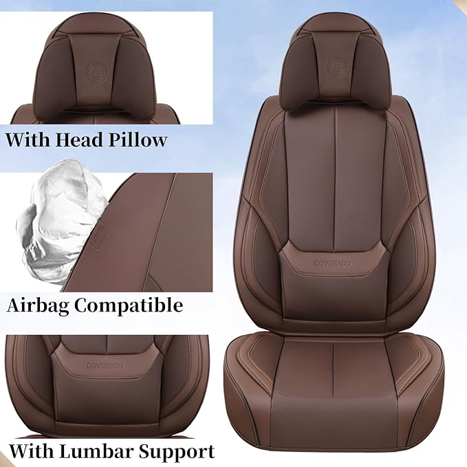 Coverado Front and Back Seat Covers 5 Pieces, Waterproof Nappa Leather Auto Seat Protectors Full Set with Head Pillow, Universal Car Accessories Fit for Most Sedans SUV Pick-up Truck, Brown