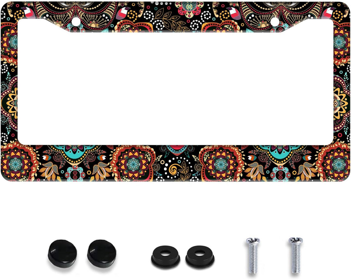 Personalized License Plate Frame Stainless Steel Floral Print Funny Boho Flower Car License Plate Holder Accessory Decorative 2 Holes Screws Fits Us Standard License Plates 12.2 X 6.3 In For Men Women